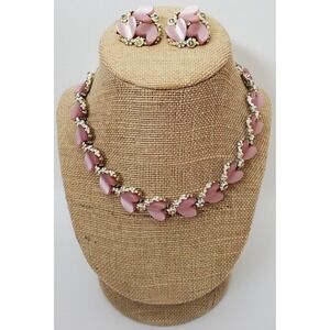 Vintage Necklace Earrings BSK Thermoset Pink‎ Hearts Flowers Coquette Romantic